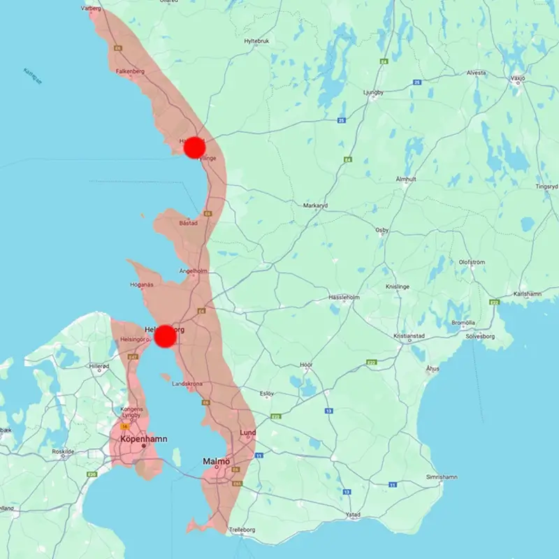 Inredo-karta helsingborg-halmstad-lund-malmo-kopenhamn-helsingor